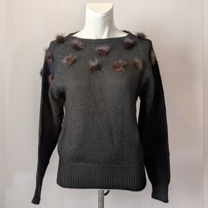 Elegant Sunbow 2 Vintage Black Sweater with Mink Fur Ball Accents Size Medium